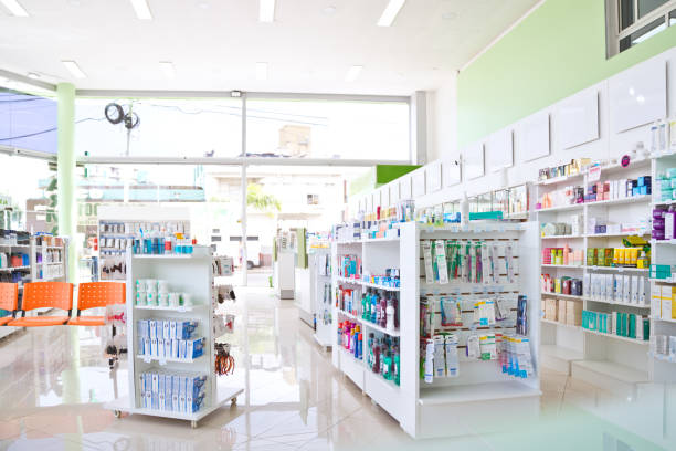 Shelves with medicaments in pharmacy. No people.