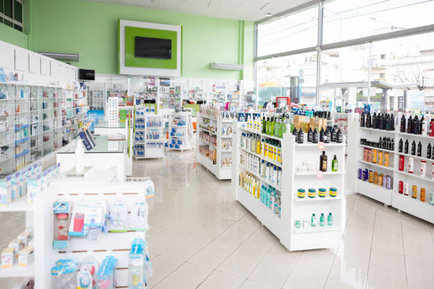 Empty pharmacy with prescription medicines on the shelves - pharmaceutical industry concepts